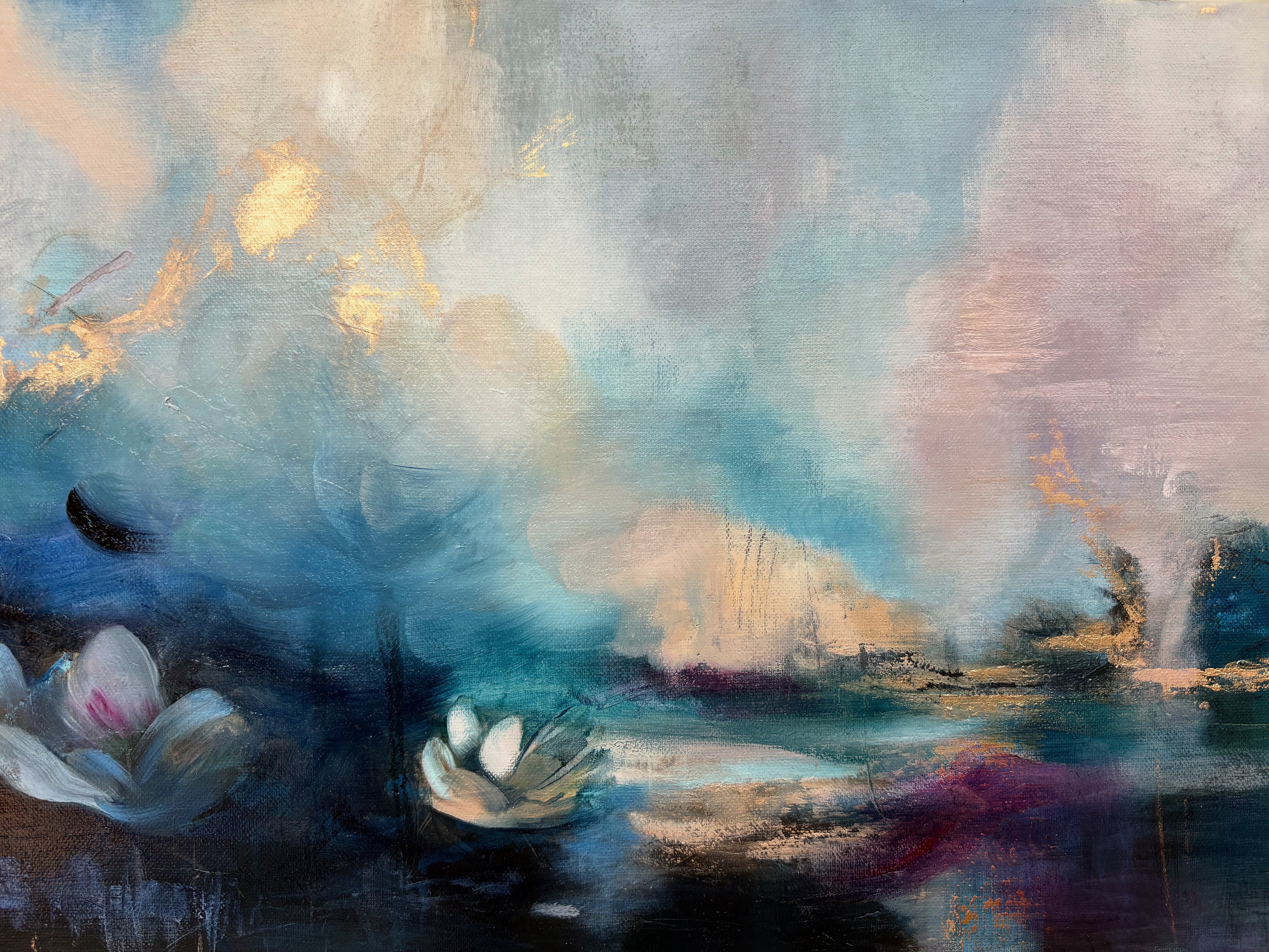 A dreamlike water landscape with lotus flowers and a ethereal light in the sky